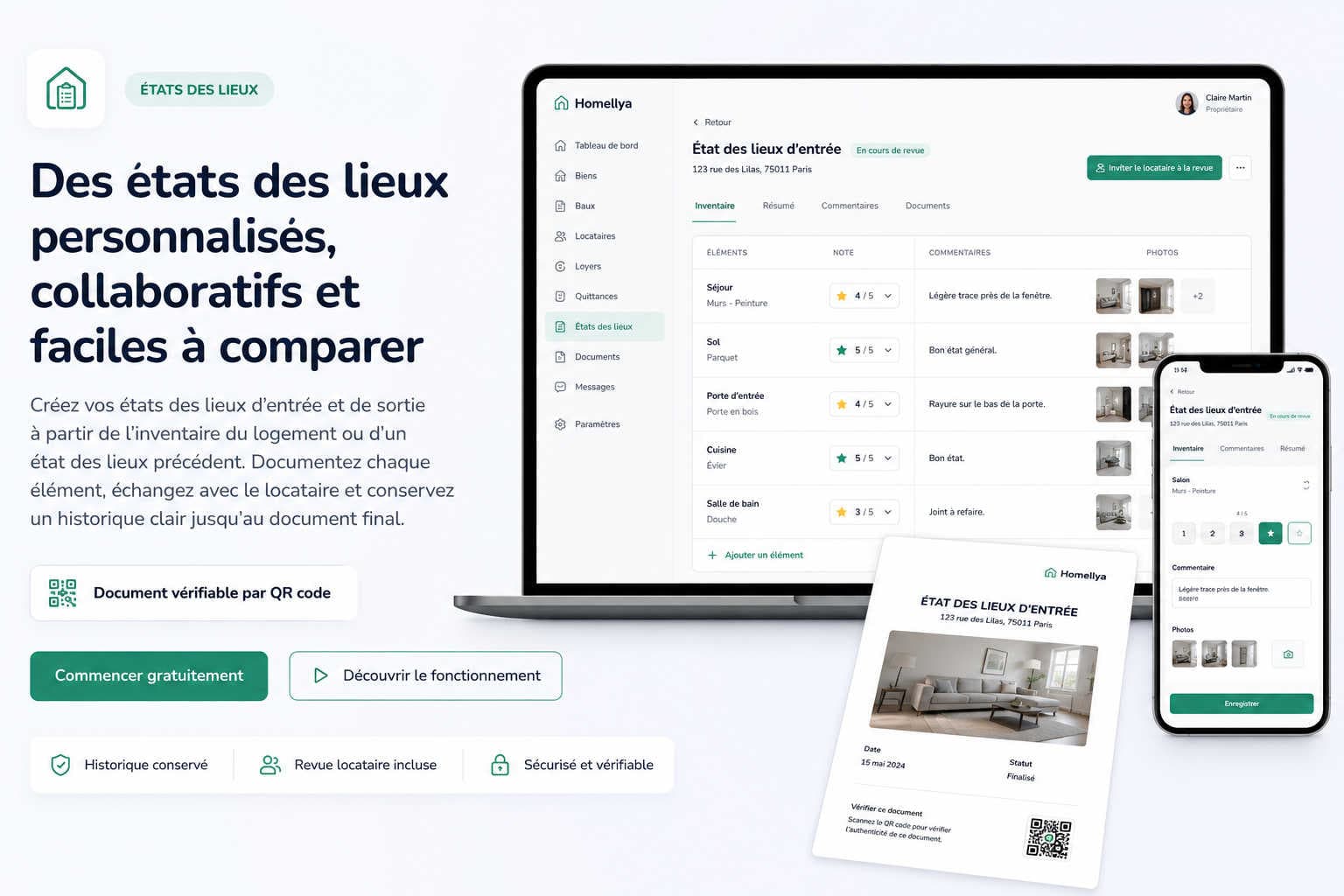Interface Homellya présentant un état des lieux avec inventaire, notes, commentaires et photographies